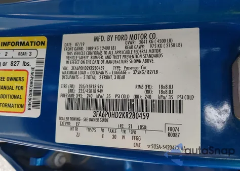 2019 Ford Fusion Se z USA, uszkodzony, nr VIN 3FA6P0HD2KR280459